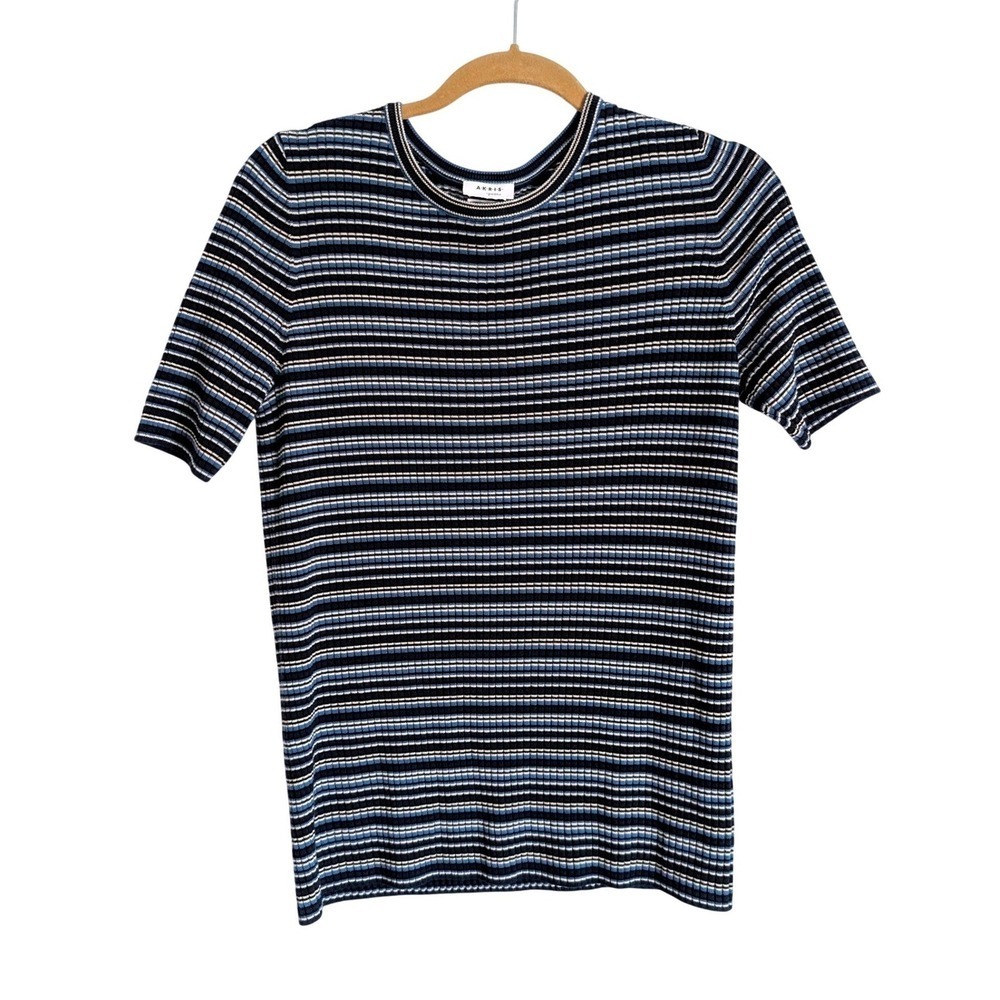 Akris Punto Maximalist Retro Striped Blue Ribbed Knit Virgin Wool Tee-Shirt